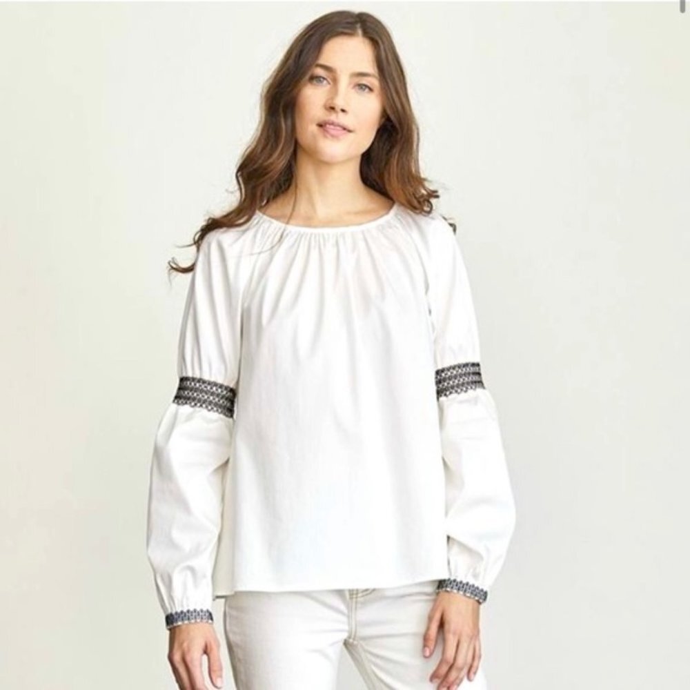 Elizabeth and James Embroidered Smocked Sleeve White Cotton Peasant Blouse P1056